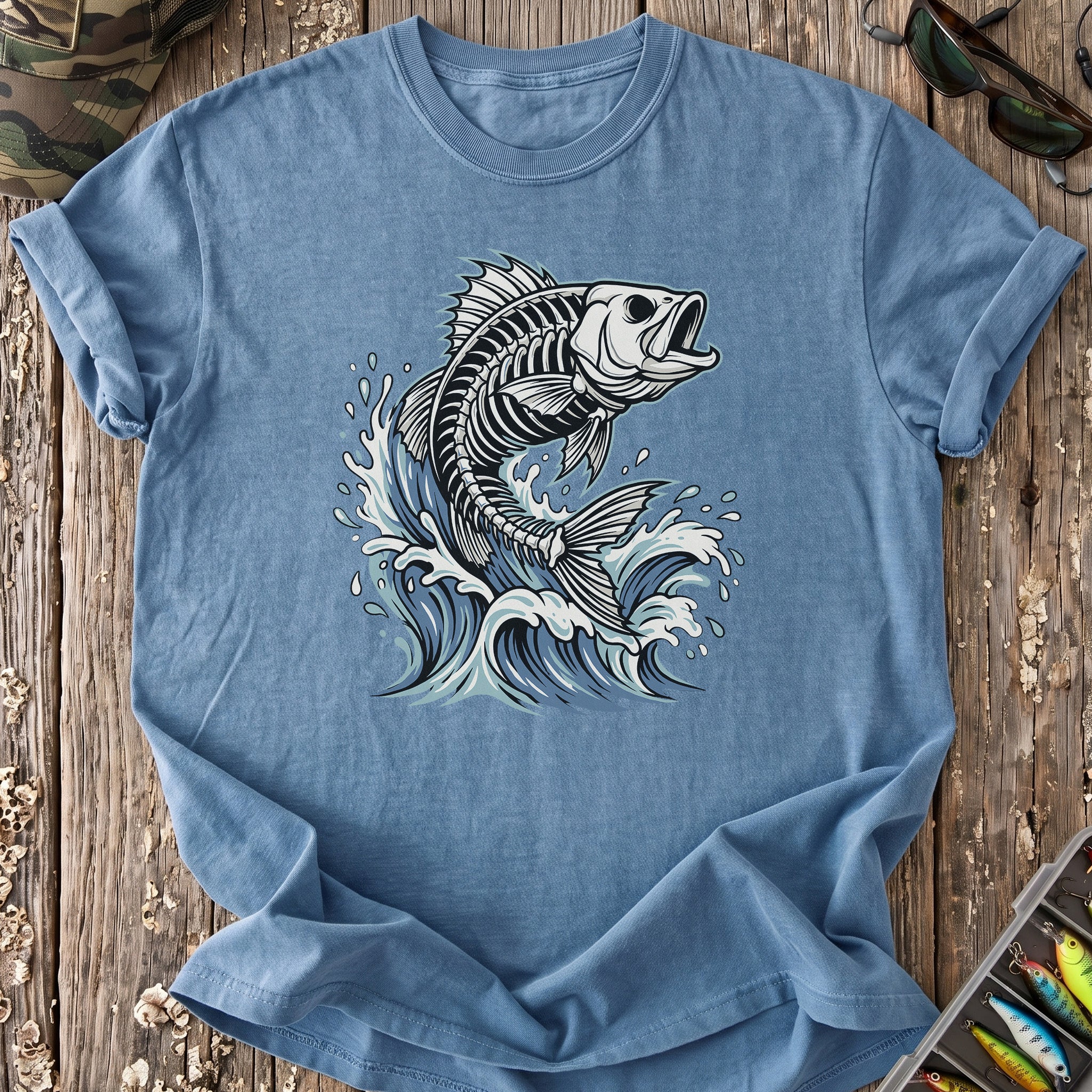 Skeleton Fish Rising from Waves T-Shirt
